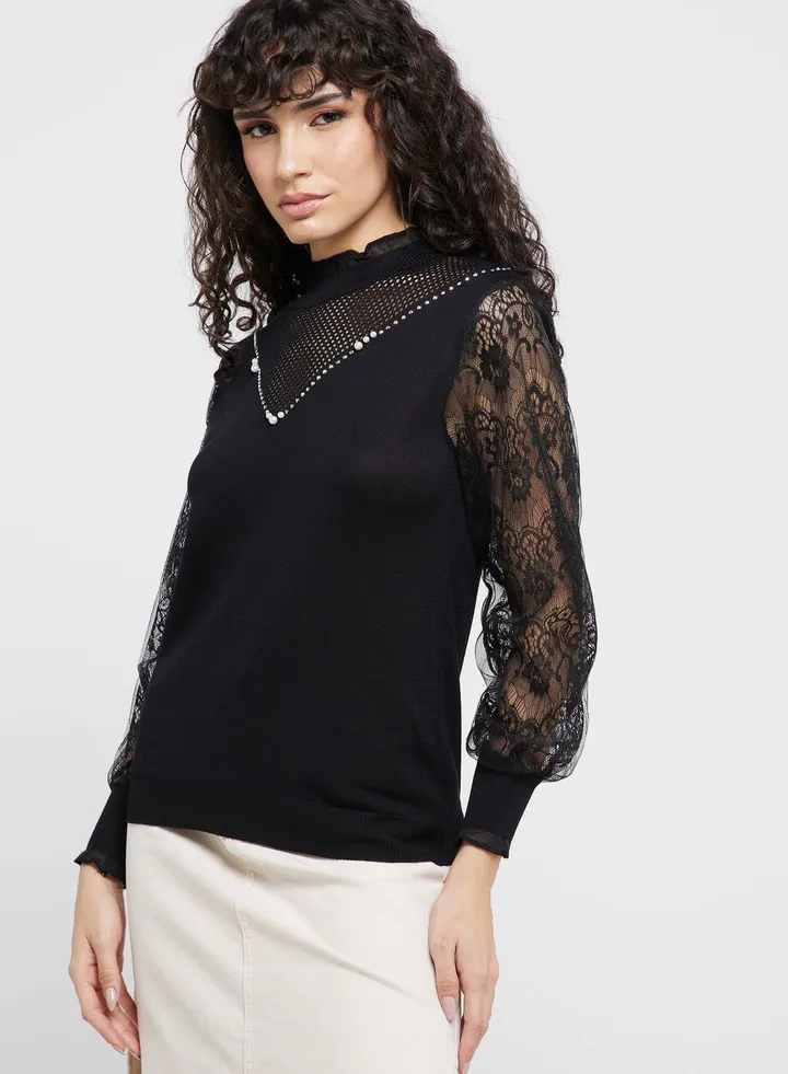 Sweater With Lace Sleeve Detail