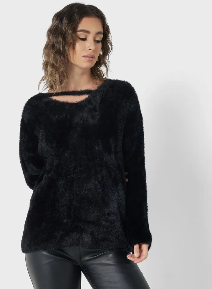 V-Neck Cutout Fluffy Sweater