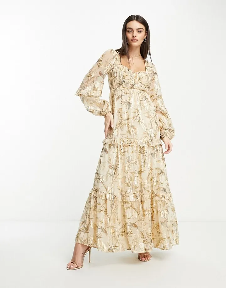 ASOS DESIGN sweetheart neck pleated maxi dress with frills in printed floral metallic jacquard