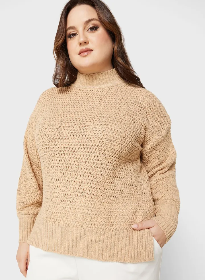 Balloon Sleeve Slit Hem Sweater