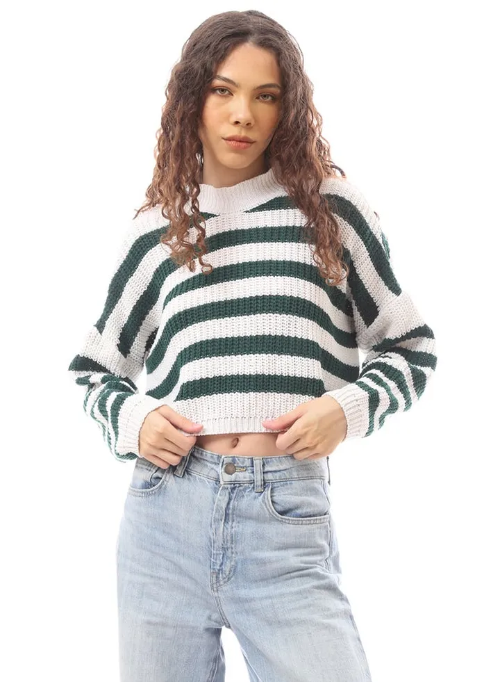 Cropped Green & White Knitted Pullover