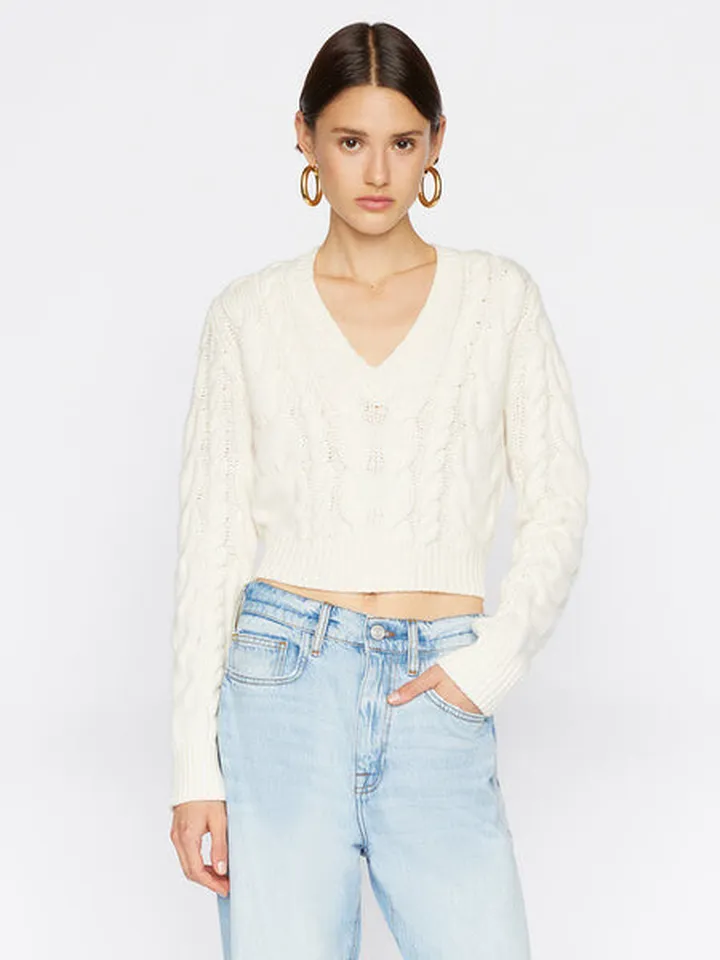 Cropped Cable V-neck Off White