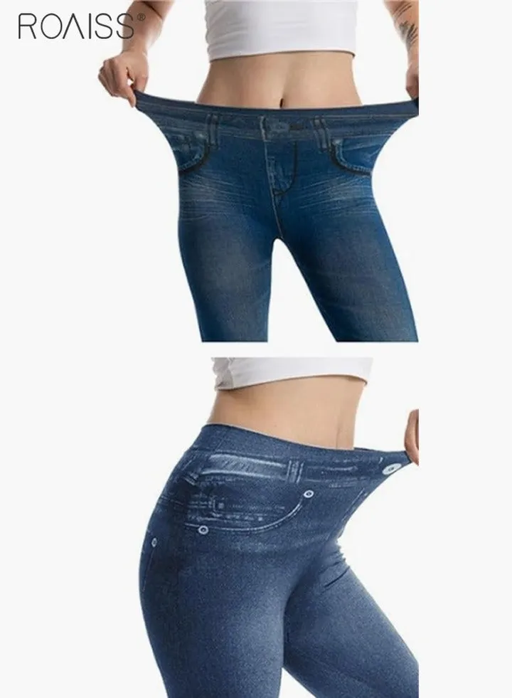 Women's Ultra-High Elastic High Waist Leggings With Denim Pattern Yoga Exercise Leggings