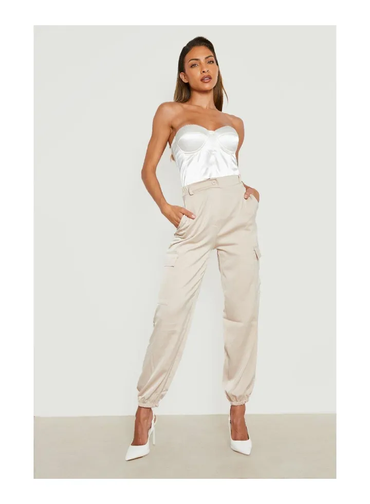 High Waisted Satin Cargo Joggers
