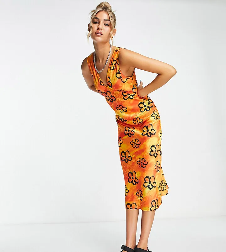 COLLUSION tie dye floral satin midi slip dress in orange print