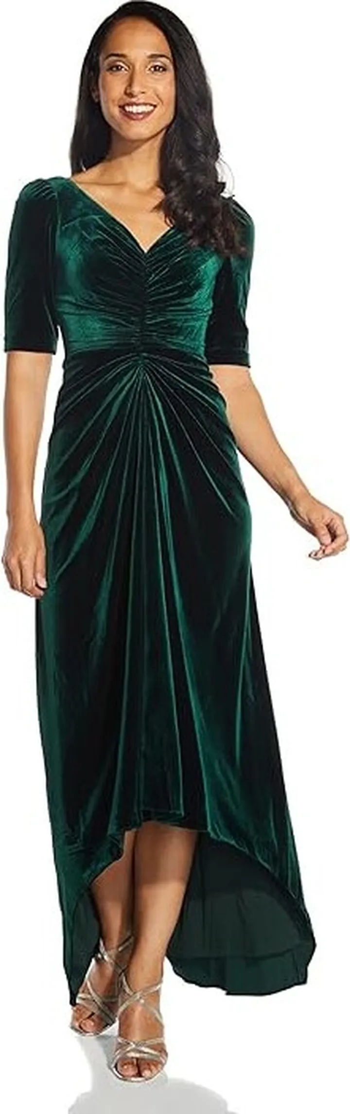 Adrianna Papell Long Stretch Velvet Gown with Shirred Detail and Elbow Sleeve (Emerald) Women's Dress