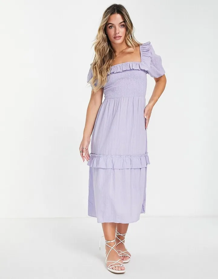 Miss Selfridge textured frill detail shirred midi dress in blue