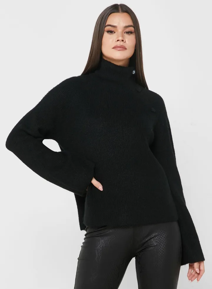 High Neck Button Detail Sweater