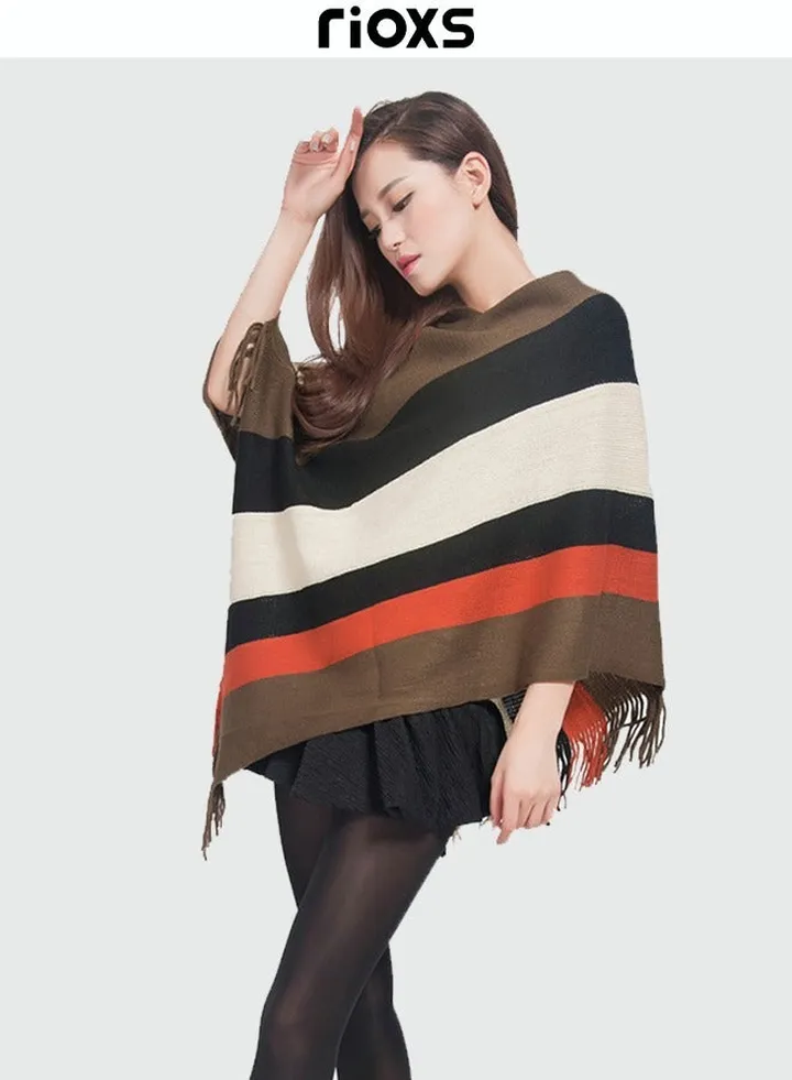 Women Batwing Sleeve Striped Sweater Coat Knitted Pullover Jacket Cape Large Size Plus Size