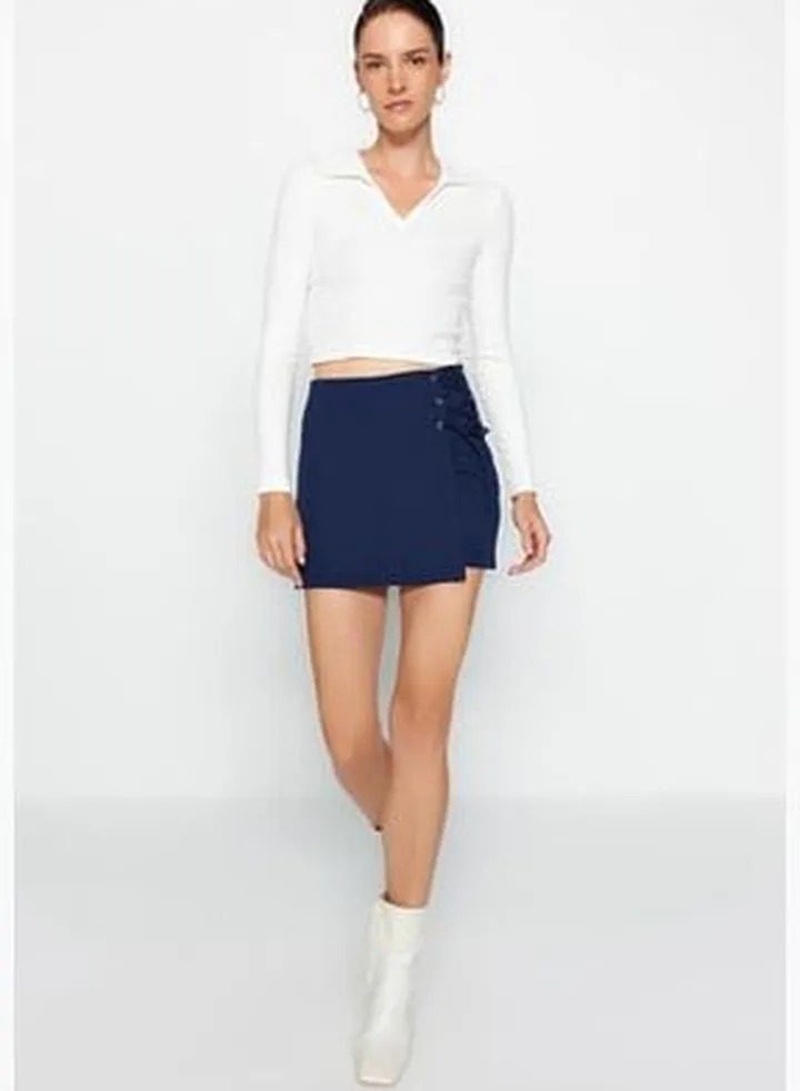Navy Blue Lace-Up and Eyelet Detail Woven Shorts Skirt TWOAW21SR0038.