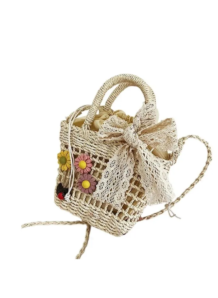 Women Straw Shoulder Bag Retro Crossbody Bag Female Messenger Bag Girl Hand-woven Bucket Bag Vintage Flower Beach-Bag women straw shoulder bag hand-woven bucket bag messenger bag beach-bag Beige