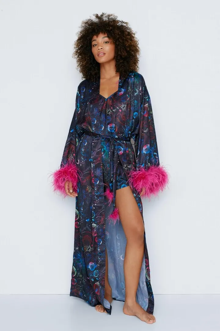 Nasty Gal Womens Astrology Feather Trim Satin Maxi Robe
