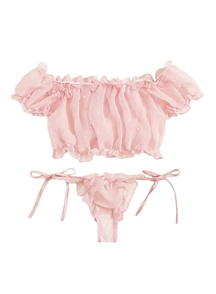 Women's Tie Ruffle Trim Mesh Lingerie Set