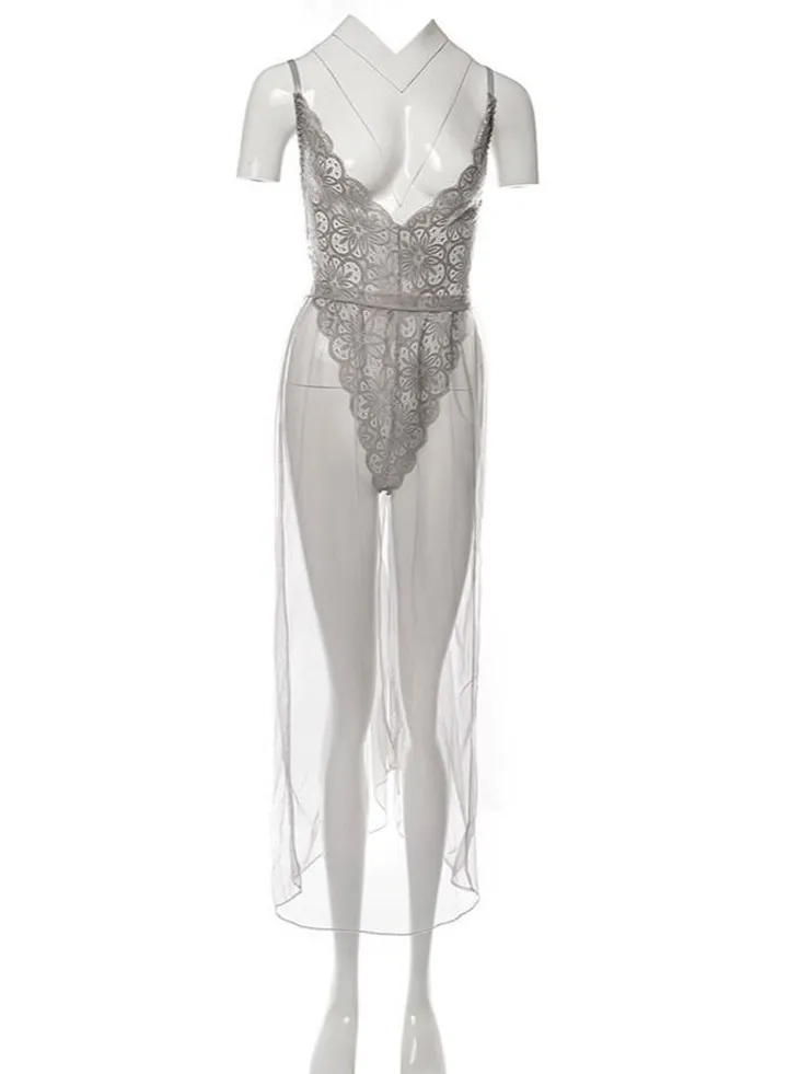 Women 2-Piece Bodysuit Mesh Skirts Lace Lingerie Set Grey