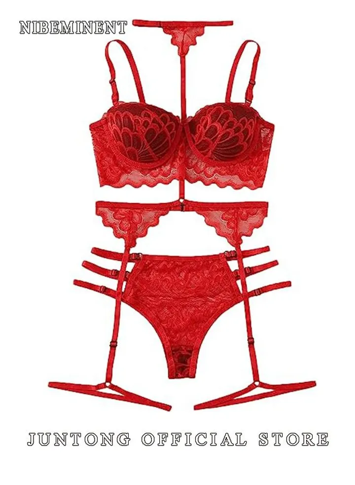 Women's Scallop Trim Floral Lace Garter Bra Lingerie Set with Choker