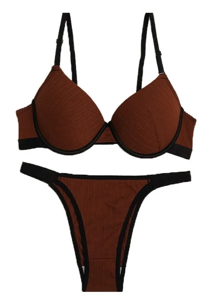 Comfy Breathable Solid Color Bra And Panty Set,Push Up Bra & Elastic Pantiest.(brown)