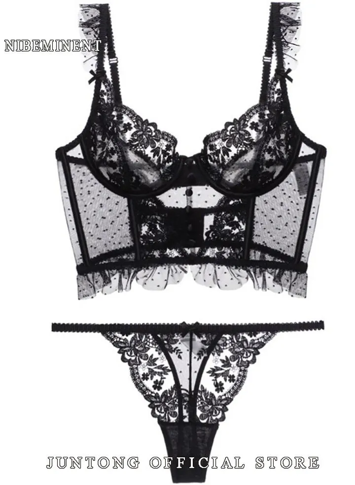 Women Stretch Lace Bra Plus Panties Set Two Piece Underwear Suit Nightwear