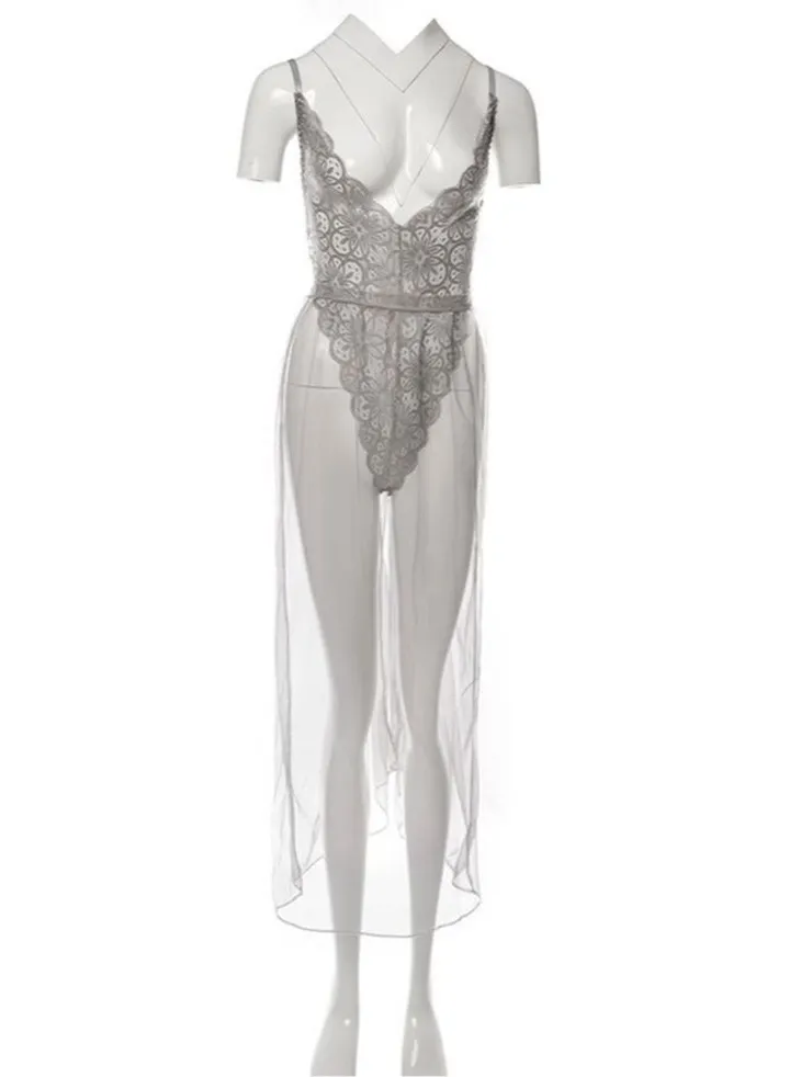 Women 2-Piece Bodysuit Mesh Skirts Lace Lingerie Set Grey