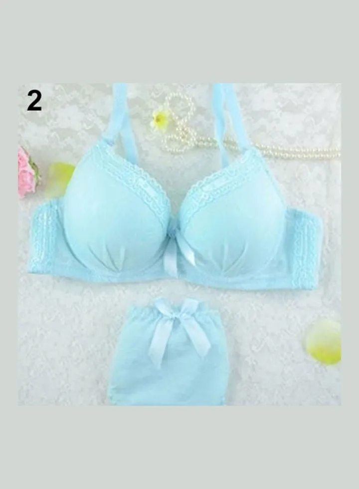 Women's Lace Underwire Push Up Bra Set Bowknot Embroider Brassiere Panties Light Blue