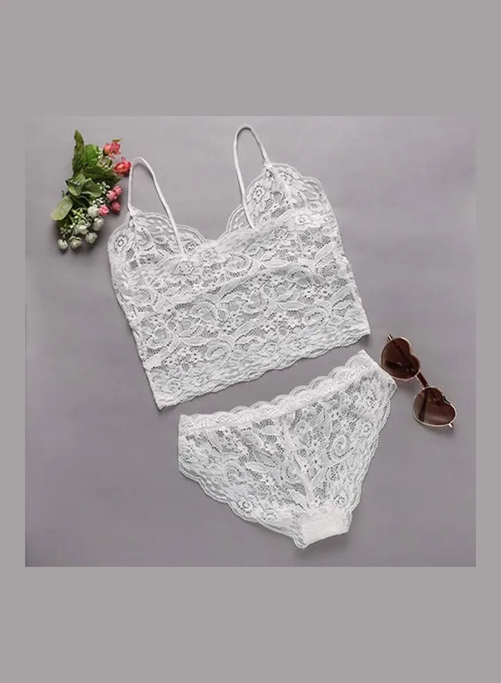 Women Hollow Lace See-through Cami Bra Top Panties Slim Fit Underwear Set White