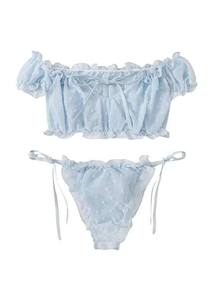 Women's Tie Ruffle Trim Mesh Lingerie Set