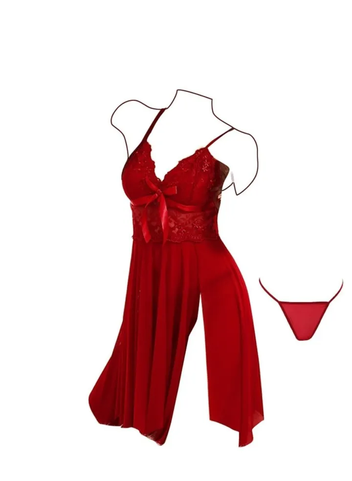 Women Soft Lingerie Underwear and Pajamas Dress Set Wine Red