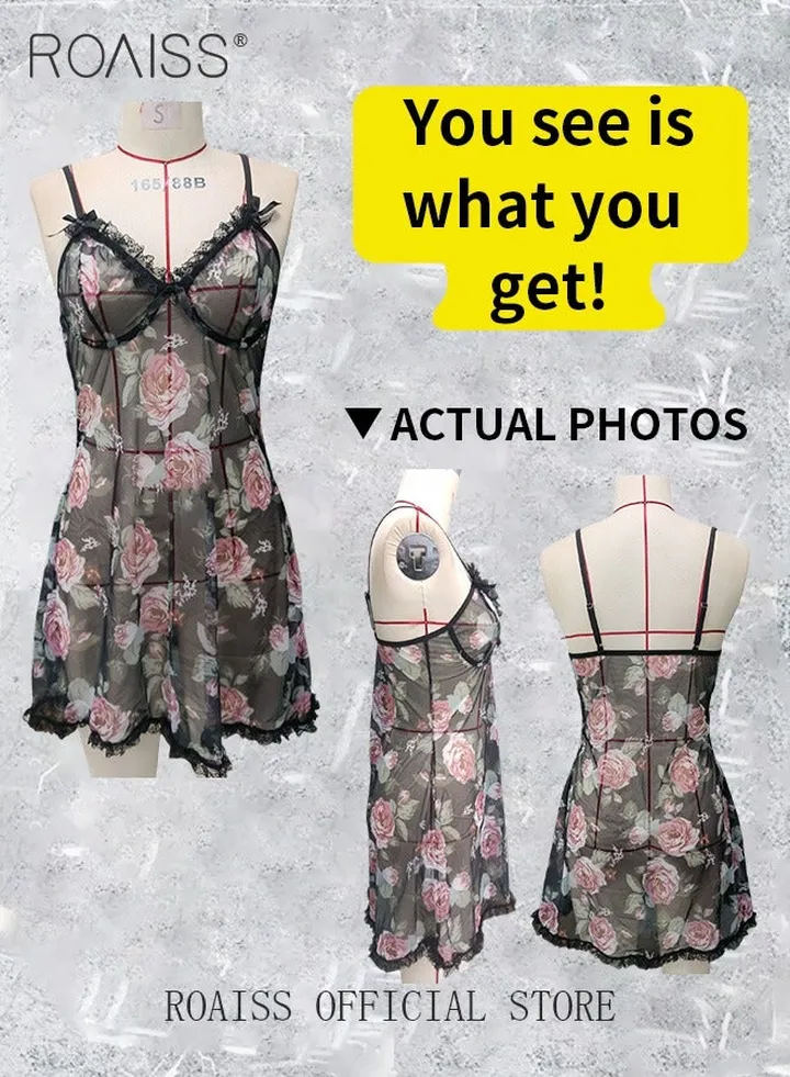 Floral Print Mesh Bow Front Ruffle Hem Slips Sleepwear Underwear Backless Nightdress Summer Womens Dresses Gift for Women Wife Girlfriend