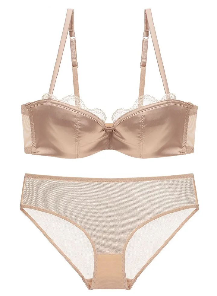 Solid Color Thin Cup 1/2 Cup Bra Panty Set Beige