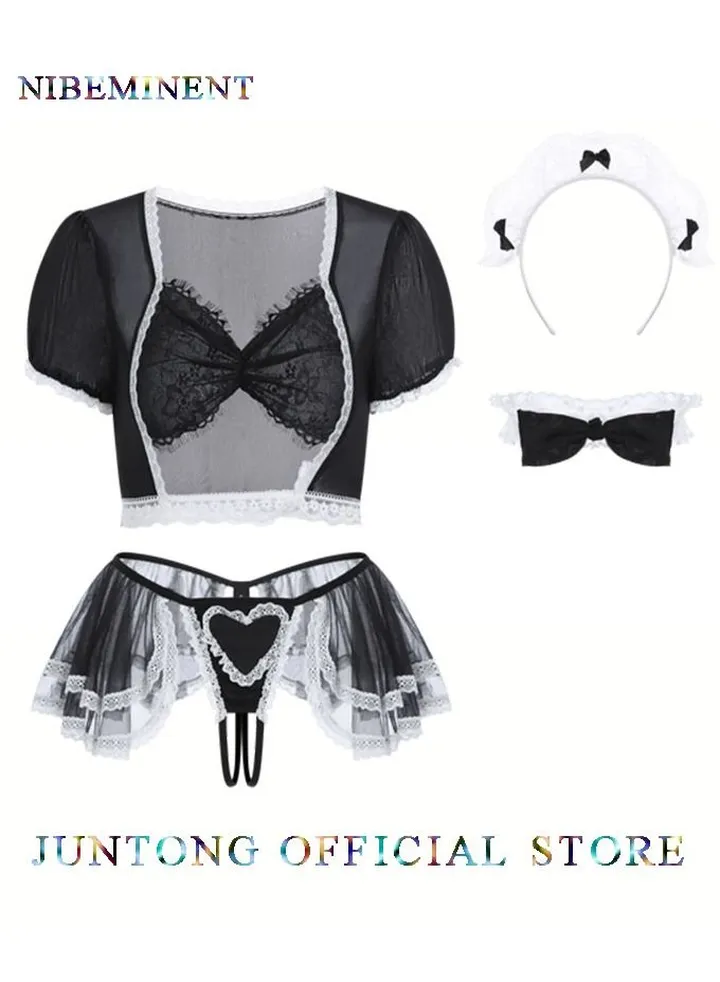Role Playing Lingerie 4-piece Maid Dress Lace Bow Doll Dress Lingerie Set