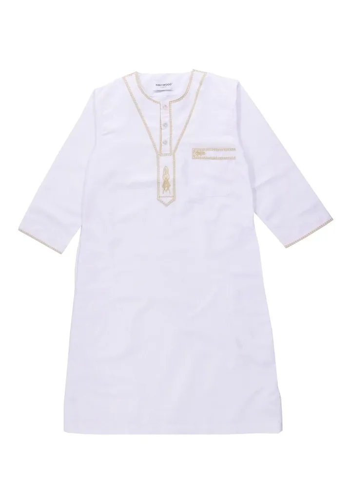Boy's Muslim Arab Round Neck Long Sleeve Kaftan Middle Eastern Kandora Thobe Thawb White