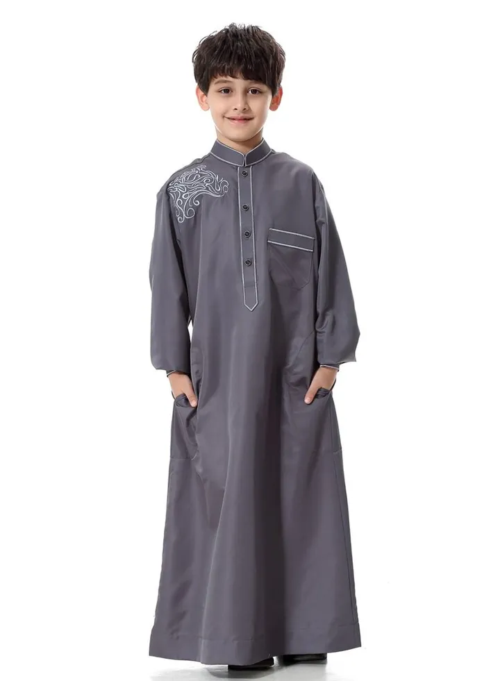 Boys Jacquard Stand Collar Long Sleeve Abaya Robe Islamic Arabic Kaftan Dark Grey