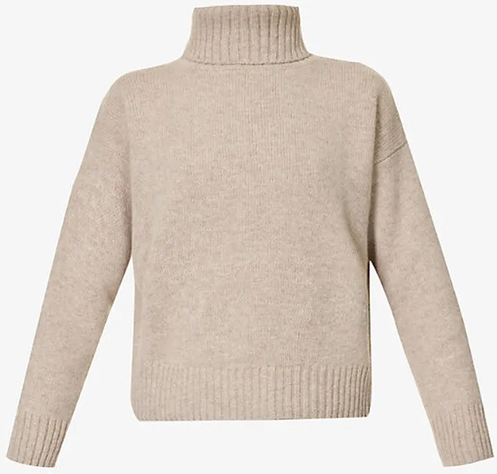 Womens Heather Beige Brand-embroidered Turtleneck Wool Jumper
