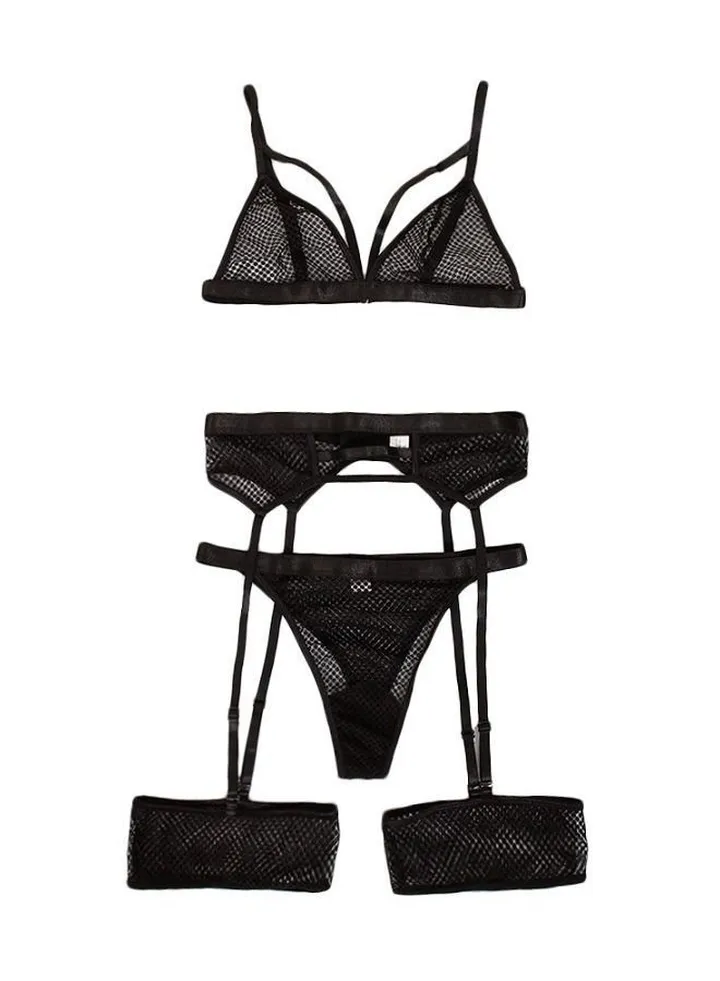 Women 3-Piece Lace Detail Lingerie Set Black