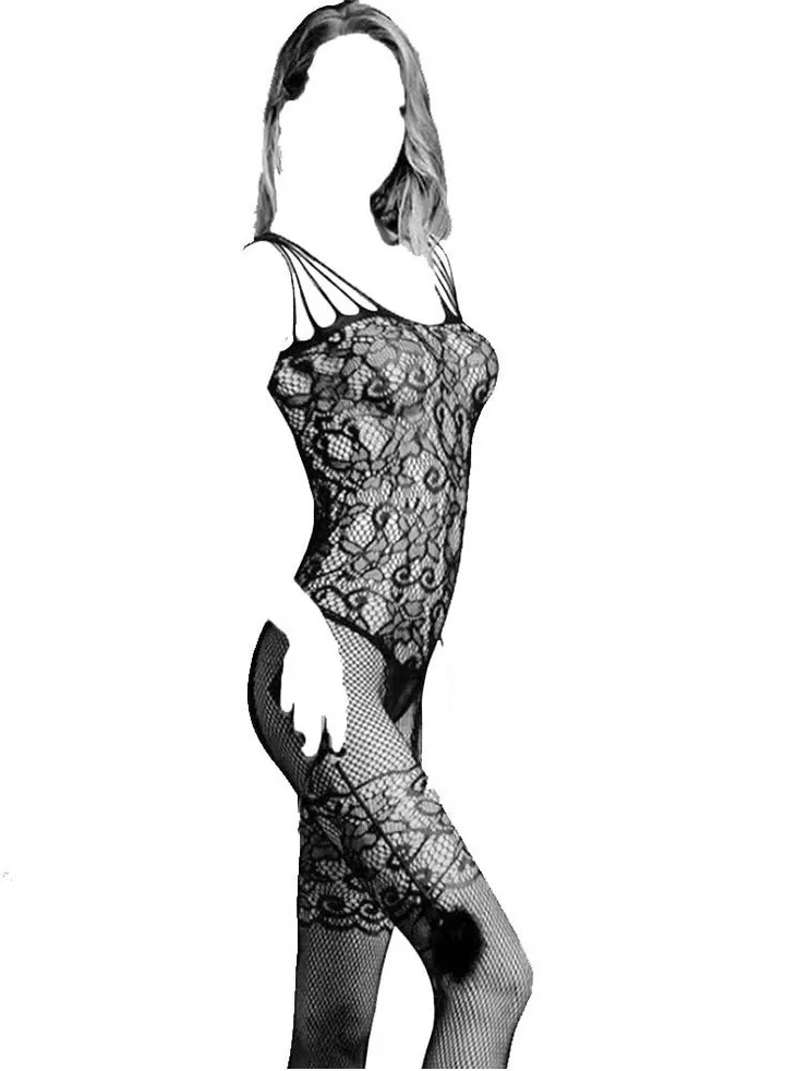 One-Piece Socks Fringed Shoulder Straps See-Through Jacquard Crotch Free Netting Bodysuit Socks Lace Night Wear Suit