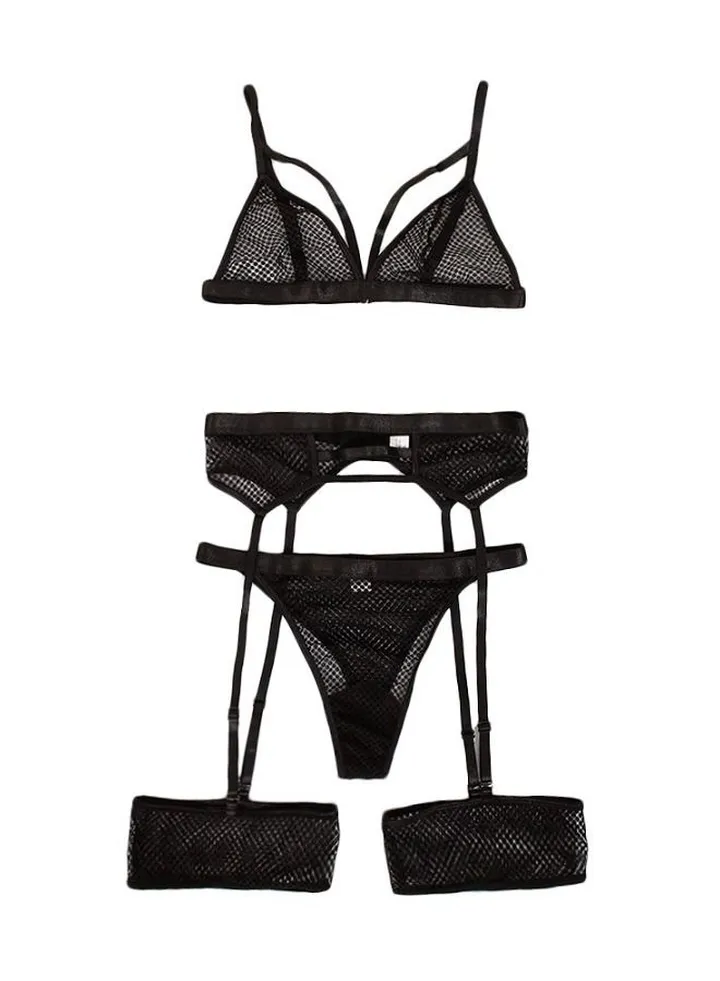 Women 3-Piece Lace Detail Lingerie Set Black