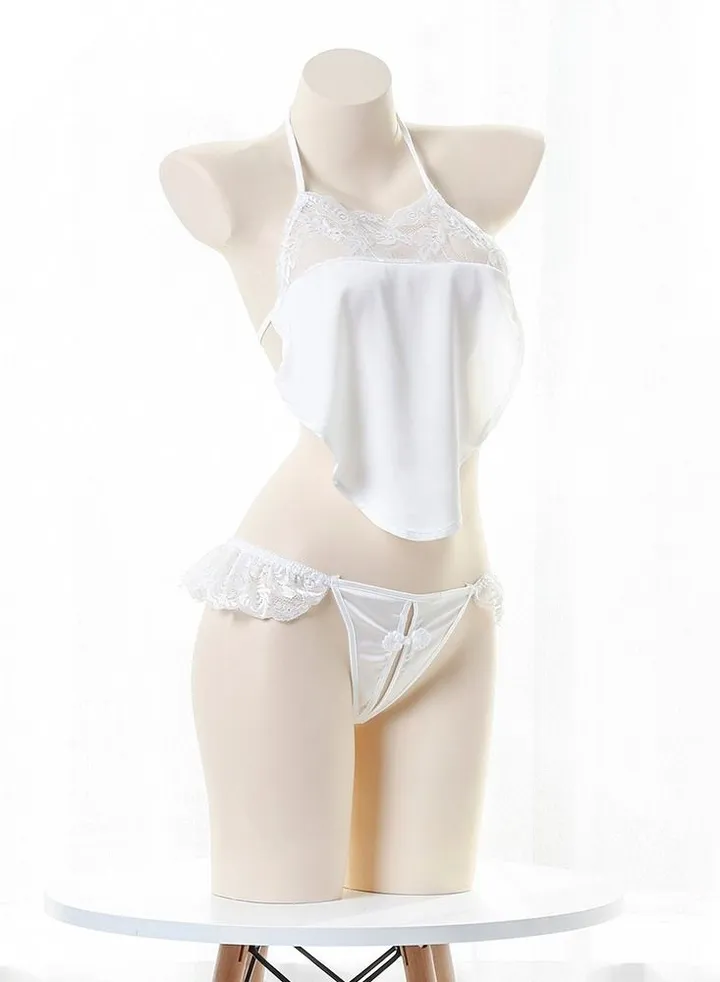 Women Retro Bowknot Suspender Bellyband Lingerie Set White