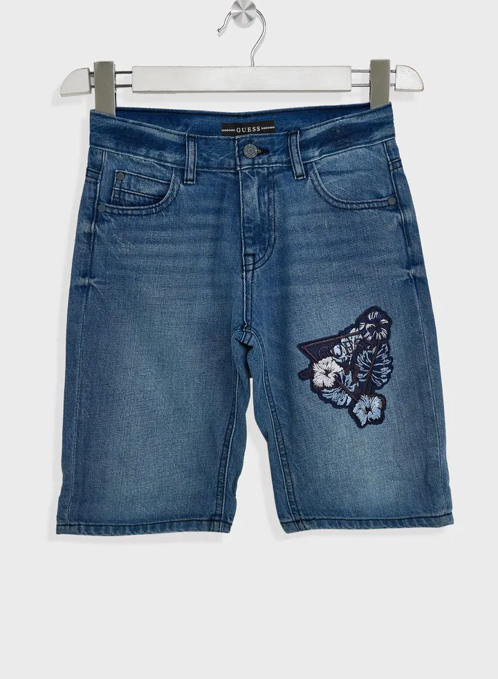 Youth Triangle Logo Mid Wash Denim Shorts