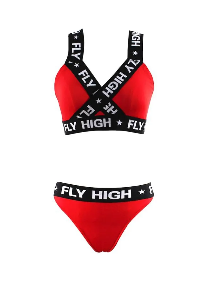 2-Piece Fly High Printed Bra And Panties Set Red/Black/White