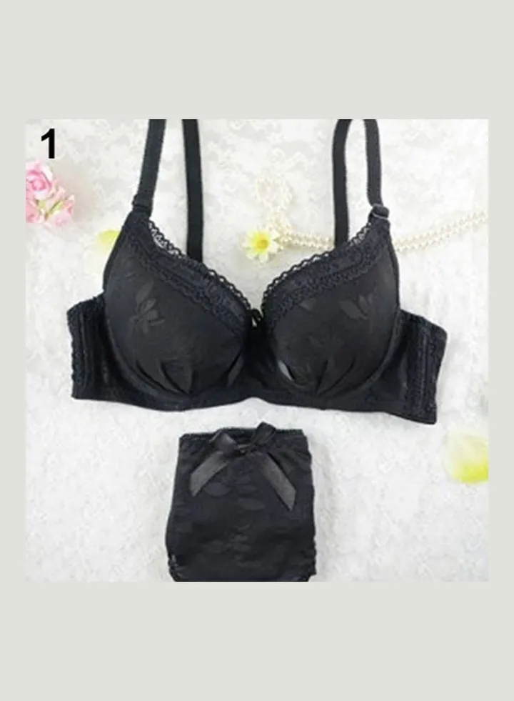 Women's Lace Underwire Push Up Bra Set Bowknot Embroider Brassiere Panties Black