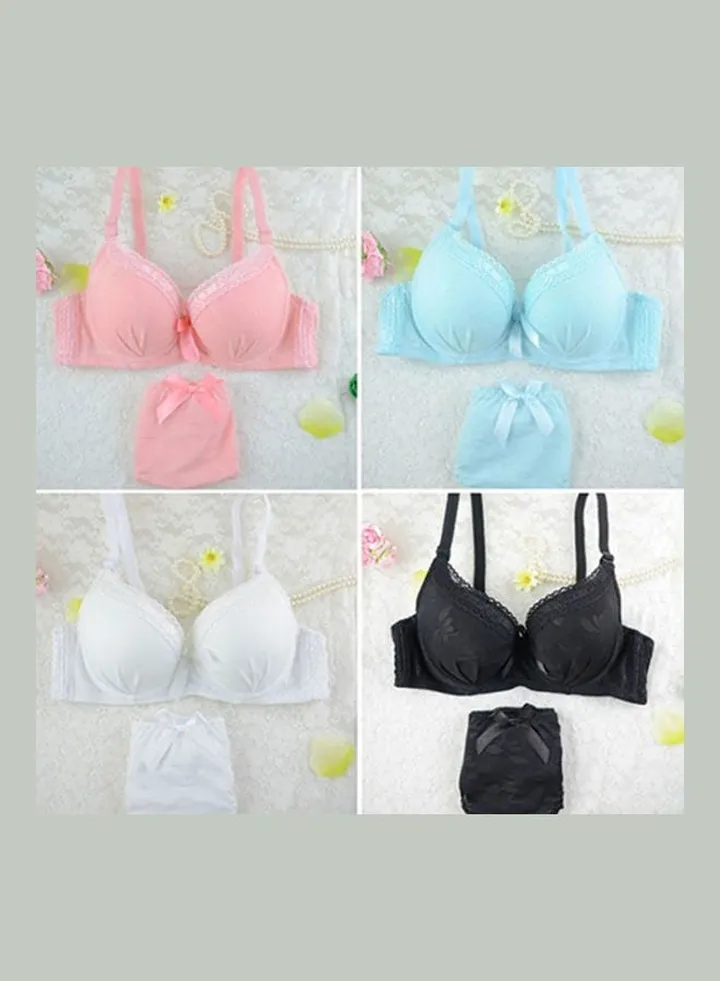 Women's Lace Underwire Push Up Bra Set Bowknot Embroider Brassiere Panties White