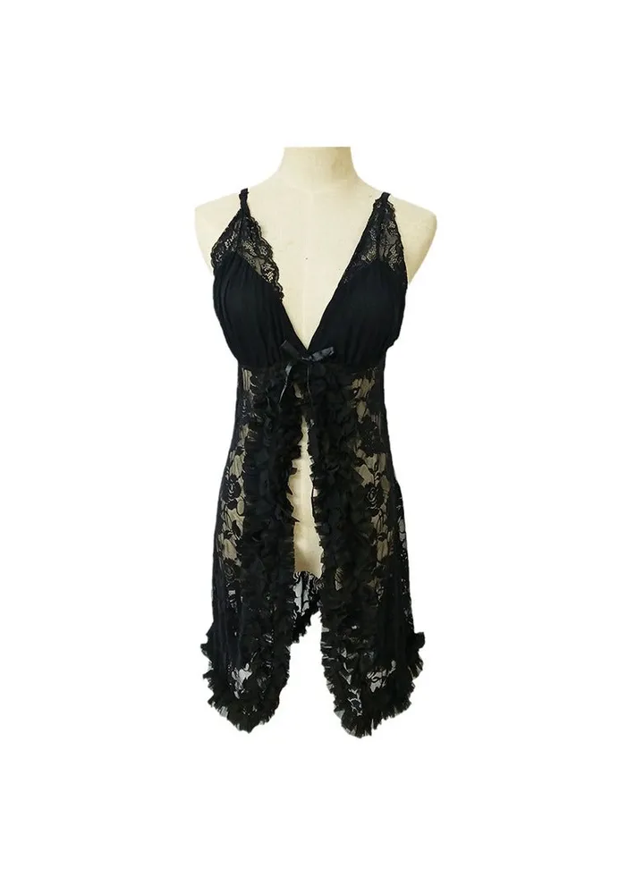 Women Transparent Lace Flower Bowknot Night Dress Babydoll.