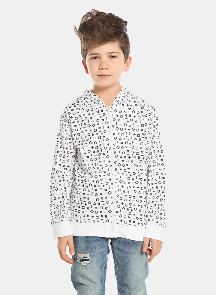 Boys Trendy All Over Printed Long Sleeve Cotton Casual Sweatshirt White/Navy Blue