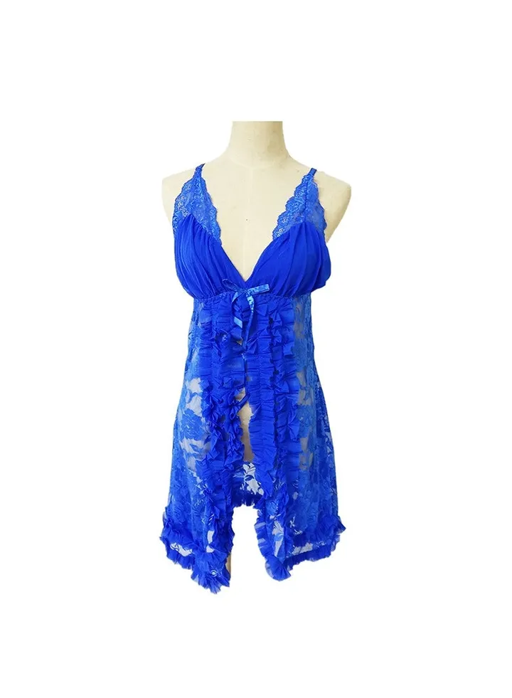 Women Transparent Lace Flower Bowknot Night Dress Babydoll.
