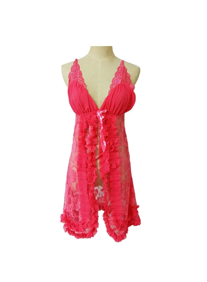 Women Transparent Lace Flower Bowknot Night Dress Babydoll.