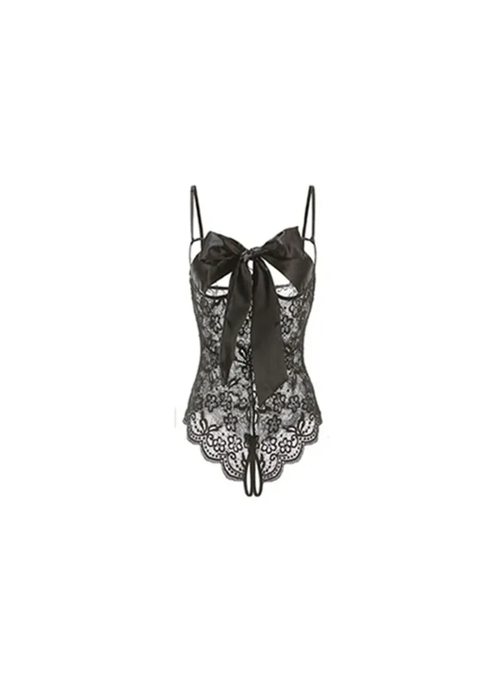 Sweet lingerie Women's lace one-piece lingerie backless hollow uniform bow tights pajamas.