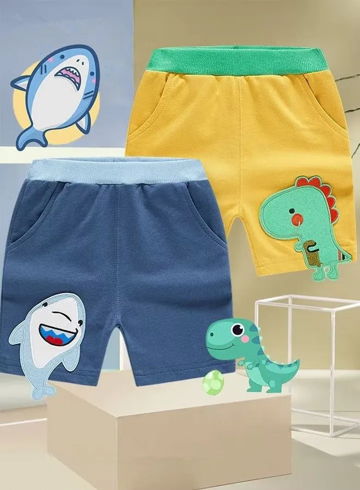 Pack of 2 Boy's Shorts Kid's Pure Cotton Clothing Toddlers Cartoon Dinosaur Shark Graphic Casual Bottoms Knitted Pants Sets Daily Outfit Blue/Yellow