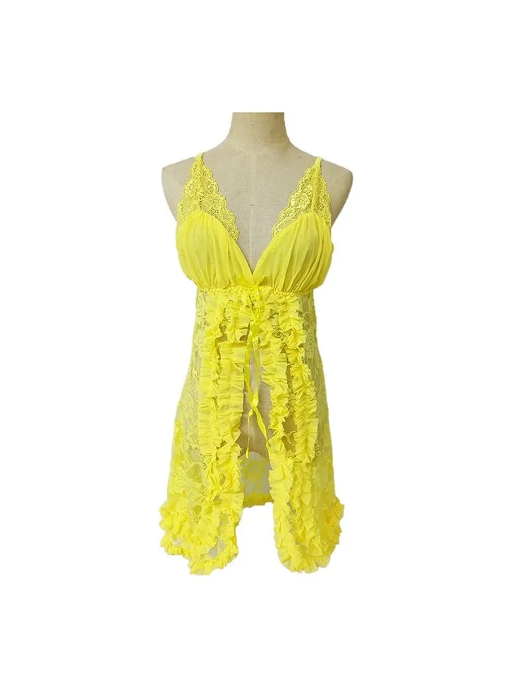 Women Transparent Lace Flower Bowknot Night Dress Babydoll.