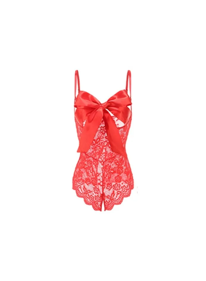 Sweet lingerie Women's lace one-piece lingerie backless hollow uniform bow tights pajamas.