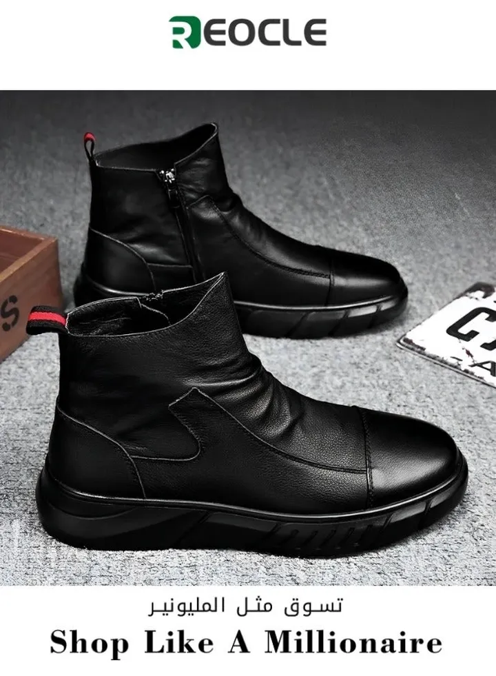 High-waisted Martin Boots Men's Leather Boots Soft Leather Zipper Casual Outdoor Work Shoes Trendy High-top Leather Shoes Black