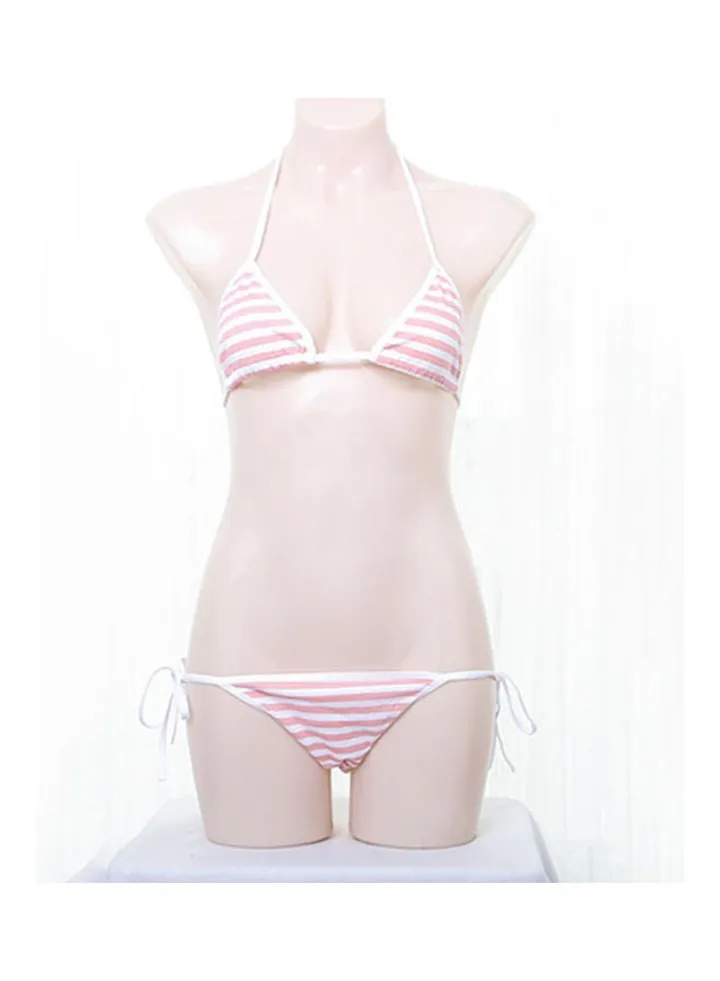Stripe Lace-Up Bikini Pink/White